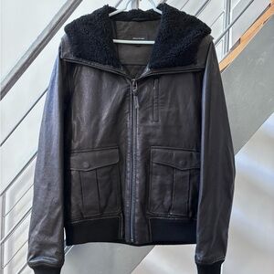 NWT Mackage Men’s Black Leather Bomber Jacket with Shearling Collar